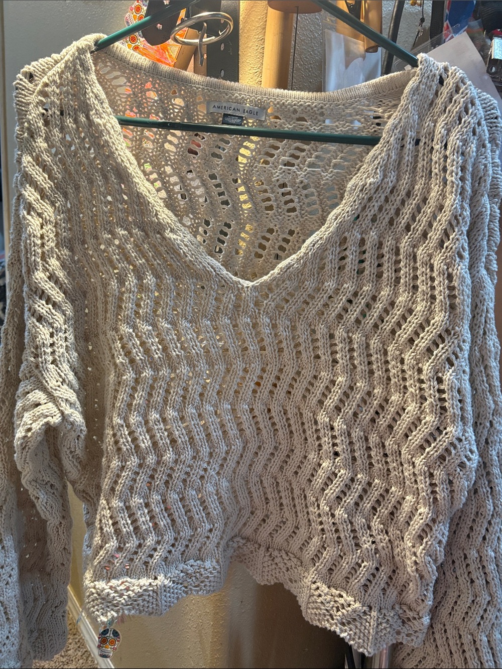 American Eagle Outfitters Cream Open-Weave V-Neck Sweater